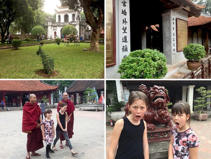 Billeder fra litteraturtemplet i Hanoi. Pigerne møder munkene